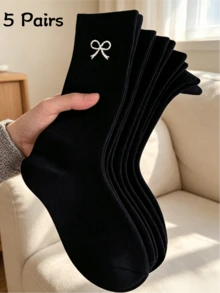 1/3/5/10/20 Pairs Women's Mid-Calf Socks, Versatile Black Solid Color With Bow, Moisture-Wicking And Breathable, Suitable For Sports And Daily Wear - Black - View 5