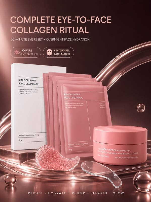 Ensemble de patchs pour les yeux au collagène & masque hydrogel, complexe de collagène 243 Da + 10 peptides, hydratation profonde, soin des poches sous les yeux, raffermissant & éclaircissant, ensemble de soins de la peau coréens, 30 paires de patchs pour les yeux + 4 masques de nuit