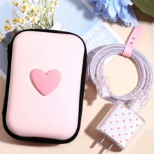 1 Set Small Heart Charger Protection Kit + Heart Storage Bag, Portable Combo Set For Girls, Printed Heart Protective Case Compatible With Apple 18W/20W PD Fast Charging, Ins Style Niche Gift - Fashionable Pink Heart + Storage Bag - View 9