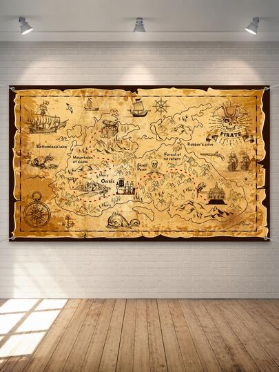 1pc 185*110cm Pirate Treasure Map Backdrop, Vintage Ship Skull Compass Fabric Wall Hanging, With 4 Corner Grommets And Hanging Rope, Reusable Photography Background, Suitable For Halloween, Pirate Theme Birthday Party, Adult Costume Party, Home Indoor/Outdoor Wall Decor And Party Supplies