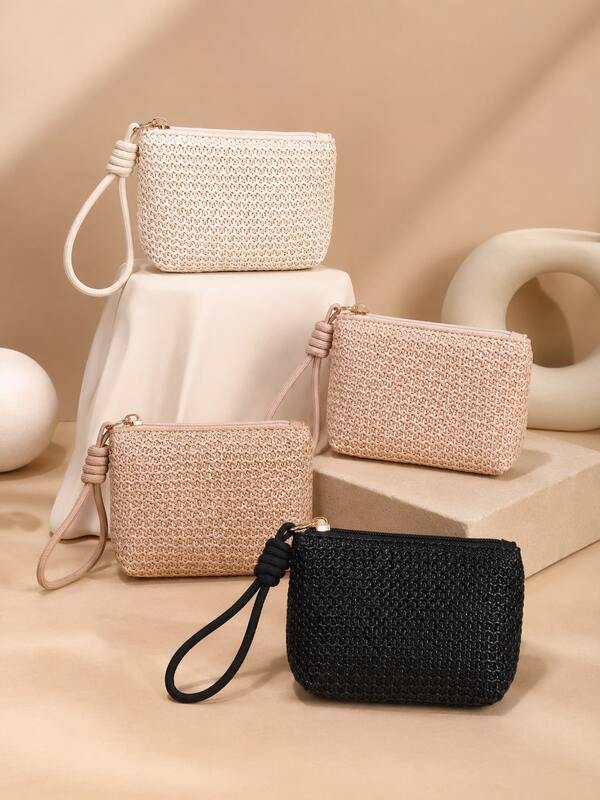 XD Girls' Outdoor Travel & Shopping Handmade Woven Bracelet Zipper Wrist Pouch, Solid Color Durable Fabric With Independent Coin Pocket, Integrated Key & Card Holder With Smooth Polyester Lining, Lightweight Wrist Wear, Matches Girls' Handbags, Stores Coins, House Keys, Earphones, School ID