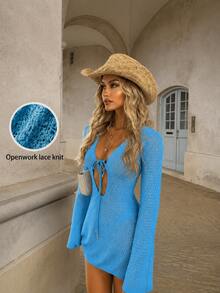 Women's Hollow Out Short Knit Cardigan Dress, Deep V-Neck Tie Knit Dress, Flared Sleeve Design, Suitable For Spring/Summer Beach Vacation Style - Blue - View 1