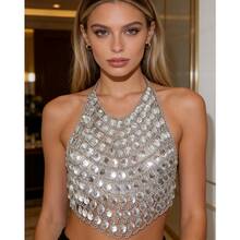 ZHENGHEN 1pc Luxurious Sparkling Square Rhinestone Necklace Chest Chain, Fashionable Multilayer Pearl Decor Body Chain Suitable For Party Outfit - White - View 3