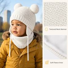 Knitted Baby Hat And Scarf Set, Winter Warm Unisex Toddler Beanie With Warm Lining And Pom Pom - Double Ball Small Earmuffs Two-piece Set - View 5