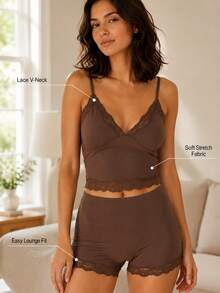 Sodalemon Women 2 Pieces Set Sleeveless Short Pajama Set With Spaghetti Strap Contrast Lace Detail And Plain Design Knitted Fabric Spring/Summer/Fall Pajamas - Brown - View 2