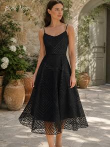 Classic Black Geometric Embroidered Cocktail Midi Dress - 黑色 - 查看 10