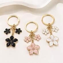 Miniso 1pc Elegant Enamel Flower Keychain, Gold Tone Floral Bag Pendant Charm For Women, Purse, Backpack, Car Keys, Birthday, Graduation & Friendship Gift, 3 Colors Available - Pink Flower - View 2