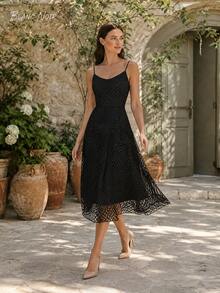 Classic Black Geometric Embroidered Cocktail Midi Dress - 黑色 - 查看 4