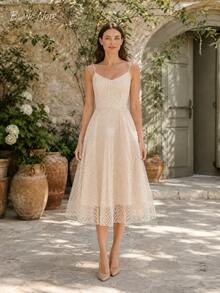 Blush Apricot Geometric Embroidered A-Line Midi Dress - 杏色 - 查看 4