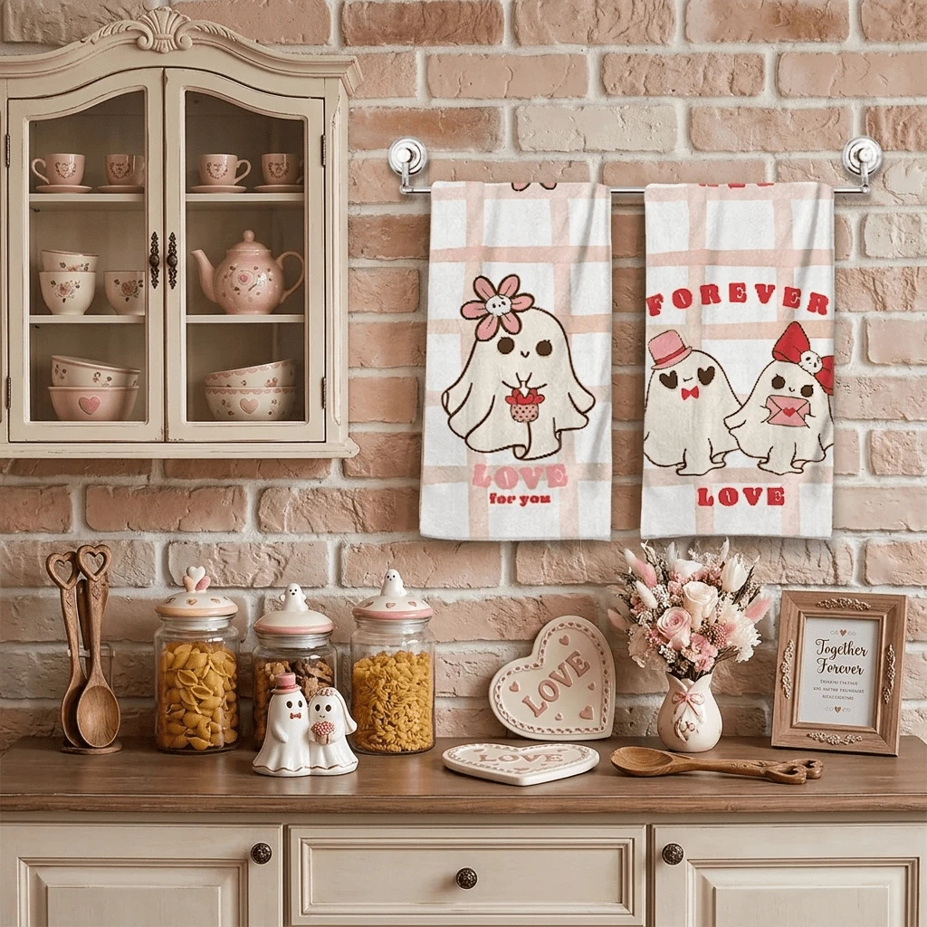 2/4/48pcs Halloween Series Pink Plaid Cute Ghost Pattern Printed Kitchen Towels - Super Soft, Highly Absorbent Polyester Tablecloths And Hand Towels, Perfect For Holiday Decor, Kitchen Decor, Party Decor.
