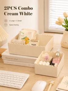 1pc & 2pcs Packs Hot Stackable Wave Edge Desktop Storage Box, Plastic Cosmetic & Stationery Organizer Bin, Household Sundry Container, Office Supplies, Back To School Must-Have - Multiple Styles - View 8