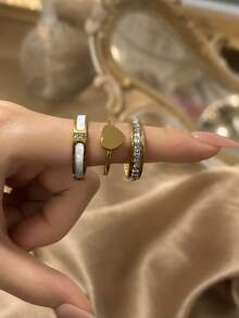 3PCS Stainless Steel Heart-Shaped Diamond Ring Set, Waterproof, Washable, Non Fading, Suitable For Parties, Daily Valentine's Day Gifts, And Wearing - Ring Set - View 3