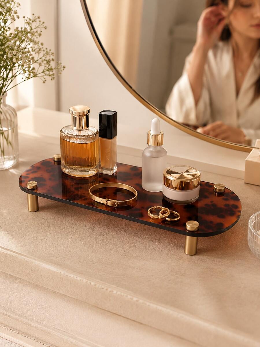 1pc 28cm Leopard Print Desktop Storage Tray Display Rack, Luxury Vintage Jewelry, Perfume, Cosmetics Organizer, Gold Leg Small Storage Rack, Suitable For Bedroom Vanity, Office, Desk Drawer, Entryway, Bedside Table And Bathroom Countertop, Multifunctional Furniture Storage Box, Hair Accessory Organizer And Daily Storage Tray, Help You Keep Your Desktop Organized For Back To School Season - Leopard Print - View 1