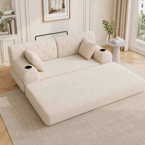 2-Seater Sofa Bed, Compressed Corduroy Sofa With High Backrest, Metal Frame, High-Density Foam - Beige - View 1