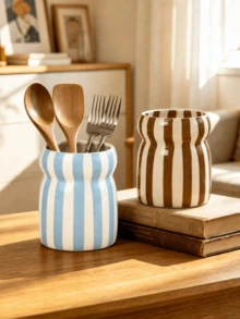 1pc Colorful Striped Kitchen Utensil Holder, Wavy Design Cutlery Organizer Box, Suitable For Spoons, Forks And Chopsticks, Multi-Functional Countertop Storage Cup, Modern Home Decor And Housewarming Gift - Multicolor - View 4