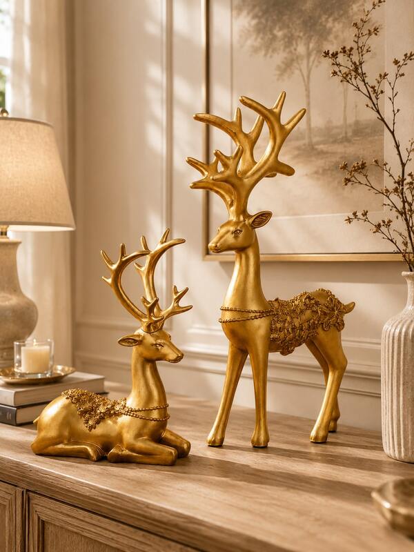 2 pièces Ensemble de statues de cerf doré, sculpture de renne en résine avec de grandes cornes, décoration animale élégante, convient pour le salon, l'étagère, le manteau de cheminée, l'entrée, le bureau et la décoration de table, cadeau de pendaison de crémaillère