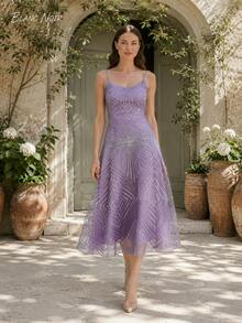 Soft Lavender Geometric Embroidered A-Line Midi Dress - 紫色 - 查看 8