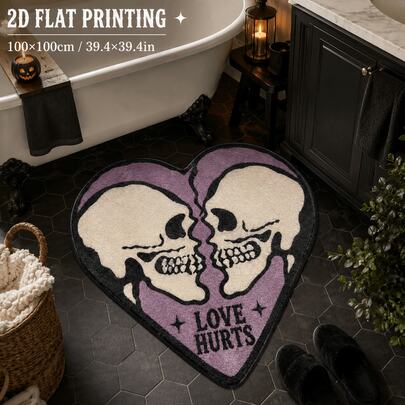 1pc Heart-Shaped Skull Bathroom Anti-Slip Mat, Machine Washable Decorative Mat, Halloween Decoration, Halloween Gift, Halloween Decoration Pumpkin Rug, Suitable For Living Room, Bedroom, Home Decor Gift, Halloween Rug, Bathroom Rug, Bedroom Decor, Home Decor, Living Room Rug, Bedroom Rug, Washable Rug