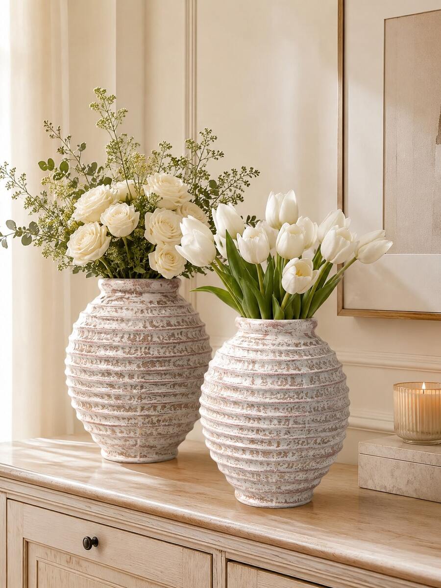 Large Rustic Style Vase, Single Piece Distressed White Resin Vase, Antique Textured Finish, Tulip, Peony And Greenery Decor Centerpiece, Suitable For Living Room, Dining Room And Entryway Decoration - New - View 1