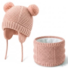 Knitted Baby Hat And Scarf Set, Winter Warm Unisex Toddler Beanie With Warm Lining And Pom Pom - Double Ball Small Earmuffs Two-piece Set - View 22