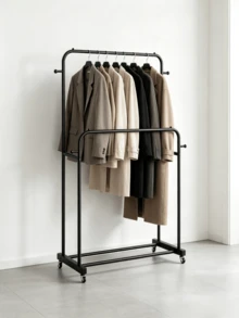 1pc Two-Tier Wheeled Iron Drying Rack, Freestanding Clothes Hanger For Household Use, Movable Balcony Garment Storage Rack - Black - View 3