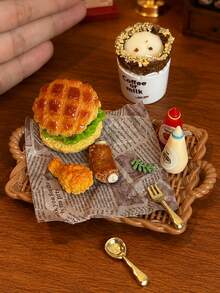 迷你娃娃屋快餐模型套組，1:12 比例漢堡、炸雞、咖啡、甜點與醬料瓶模型，附托盤與餐具模型，迷你餐廳場景裝飾與攝影道具 - 均碼 - 查看 4