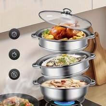 One Set Of Single-Layer, Double-Layer, And Triple-Layer Thickened Stainless Steel Steamer With A Glass Lid, A Multi-Functional Steamer Suitable For Hot Pot, Soup Pot, And Induction Cookers. - View 6