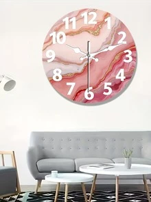 1pc 10/12 Inch Round Wooden Wall Clock, Pink & Gold Marble Design, Silent Quartz Movement, Battery Powered (AA Battery Not Included), Suitable For Bedroom, Kitchen, Study, Garage Or Living Room - Multicolor - View 2