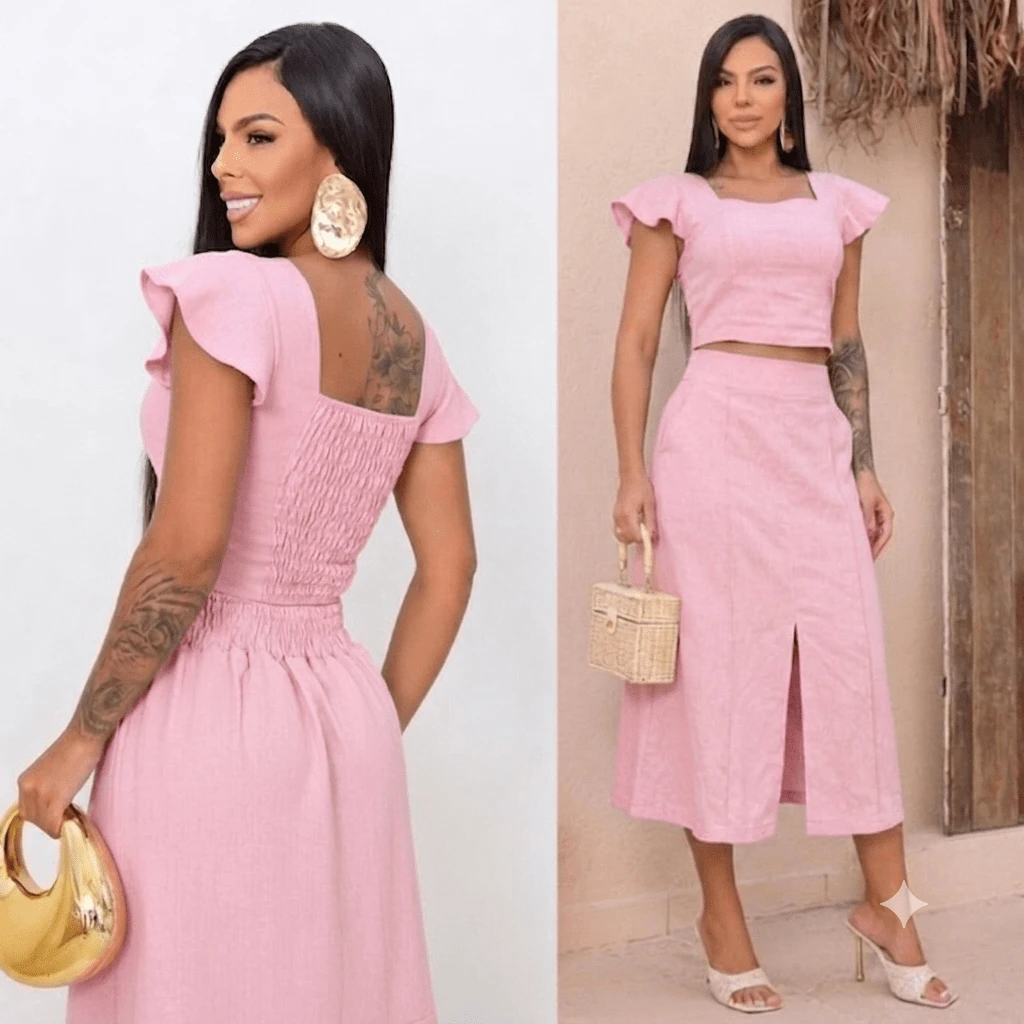 Women's Tailored Cropped Ruffle Sleeve Midi Skirt Set Front Slit High Waist Elegant Women's Fashion ✨ - 淺粉色 - 查看 1