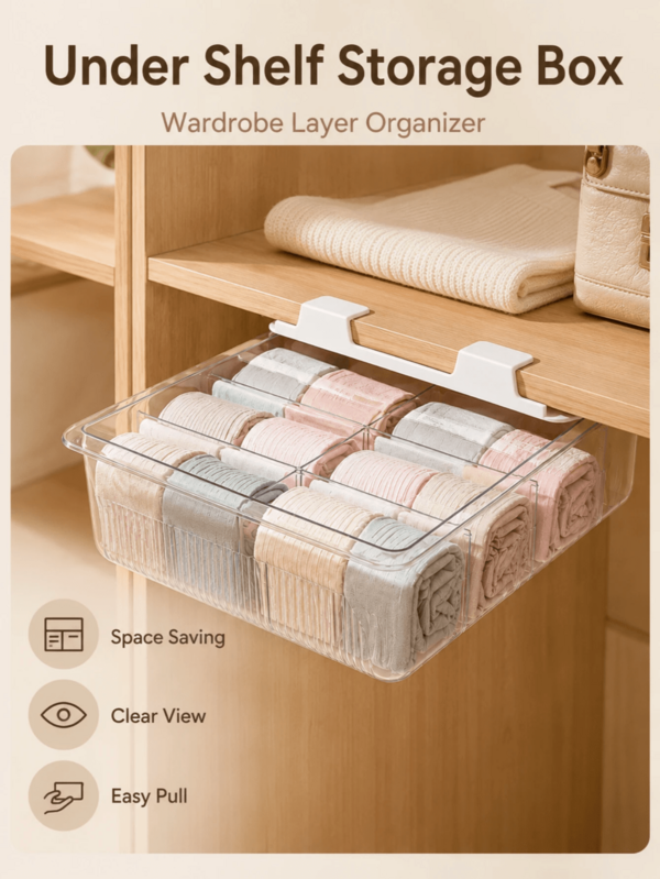 1 Wall-Mounted Underwear And Sock Organizer, Waterproof Plastic Material, Transparent Compartments, Lightweight Design, Suitable For Wardrobe Storage, Size 11.42x8.66x3.54 Inches, Wardrobe Storage | Transparent Design | Unbeatable Value