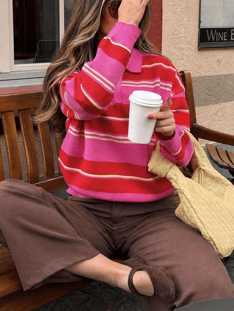 GDDYIN Women's Autumn New Arrival Retro Colorblock Striped Polo Neck Casual Top Pink - Pink - View 1