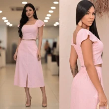 Women's Tailored Cropped Ruffle Sleeve Midi Skirt Set Front Slit High Waist Elegant Women's Fashion ✨ - 淺粉色 - 查看 4