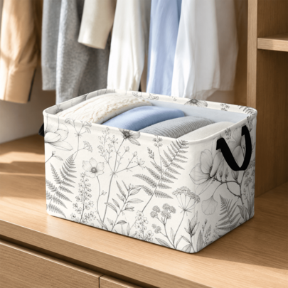 1pc Minimalist Botanical Line Art Pattern Storage Basket, Polyester Fabric Foldable Storage Organizer With Handles For Clothes Bedding Blankets Closet Shelf Bedroom Organization