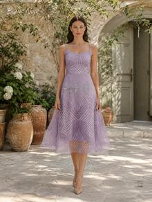 Soft Lavender Geometric Embroidered A-Line Midi Dress - 紫色 - 查看 3