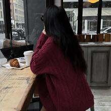 SEREN New Autumn/Winter Round Neck Ribbed Long Sleeve Women's Knit Sweater, Loose Casual Red Top, Commuting Daily Wear Winter Sweater - Burgundy - View 2