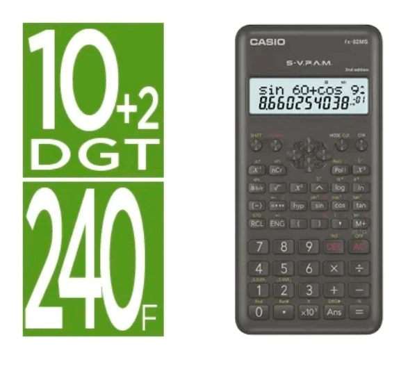 Casio آلة حاسبة علمية كاسيو FX-82MSII، الإصدار الثاني، 240 وظيفة، شاشة عرض من سطرين، أسود، أصلية، مضمونة - كاسيو FX-82MSII - مشاهدة 1