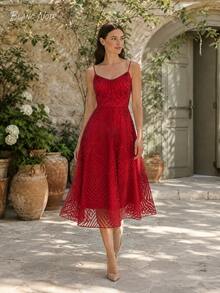 Vestido Midi de Cóctel con Bordado Geométrico Rojo Llamativo - Rojo - Ver 12