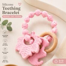 ETETOO 1pc Pink Flower Rabbit Textured Silicone & Wooden Teething Ring, Baby Sensory Teether For Soothing Gum Pain - Multicolor - View 2