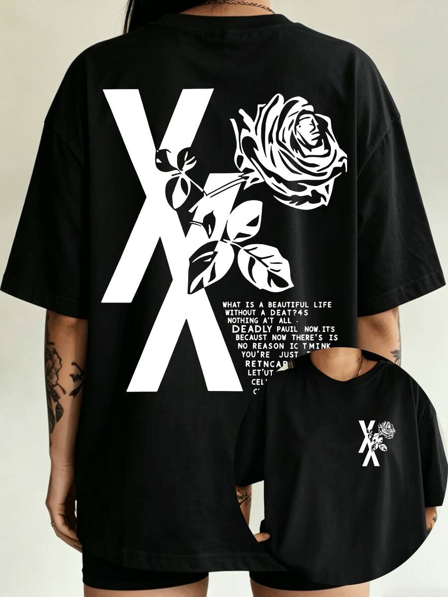 MGK MachineS Gun Kelly X Rose Double Sided Black T-Shirt Unisex Oversized Rock Fan Short Sleeve Tee - 黑色 - 查看 1