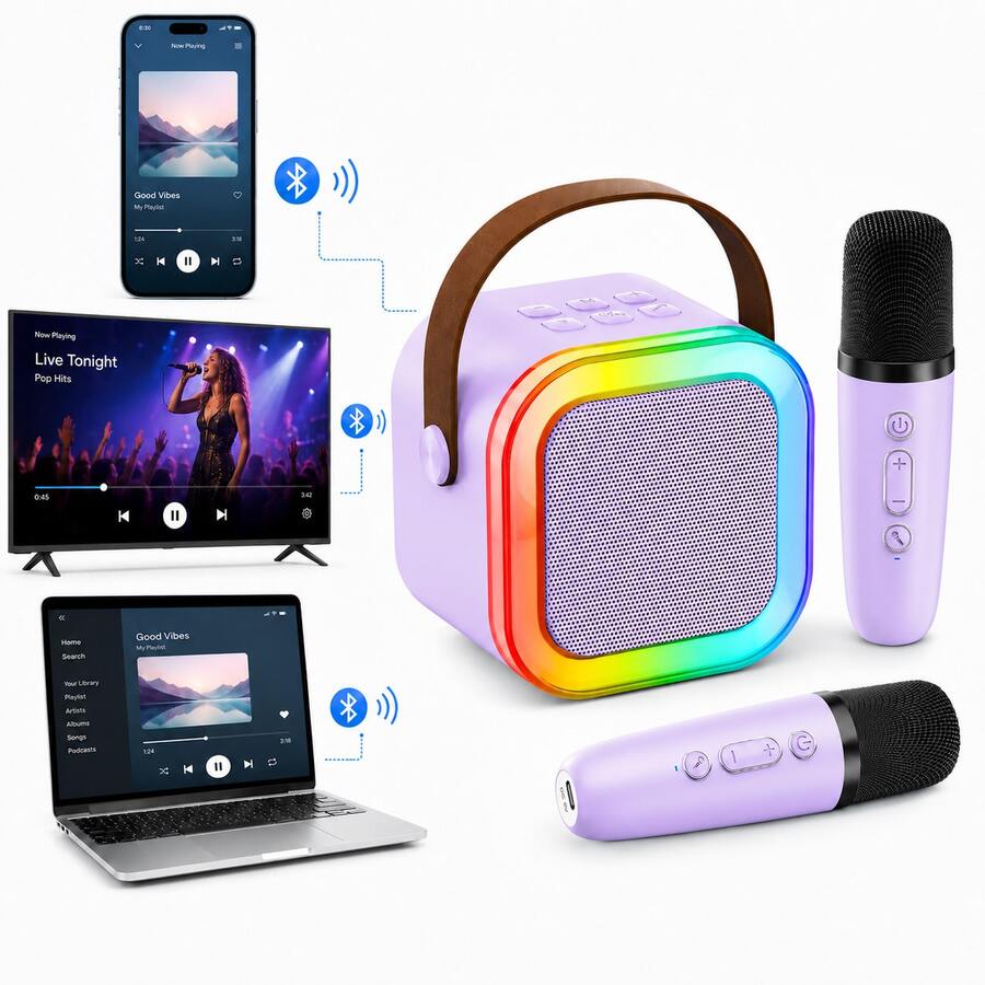 Mini Karaoke Machine, Portable Bluetooth Speaker & 2 Wireless Microphones | Karaoke Player Karaoke Microphone For Family Home Party Outdoor With HI-FI Sound | 5 Magic Sound | PA System | USB | TF | AUX - Violet Purple - View 1