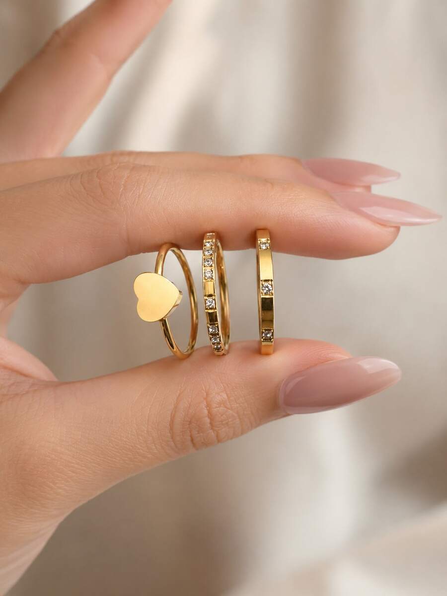3PCS Stainless Steel Heart-Shaped Diamond Ring Set, Waterproof, Washable, Non Fading, Suitable For Parties, Daily Valentine's Day Gifts, And Wearing - Ring Set - View 1