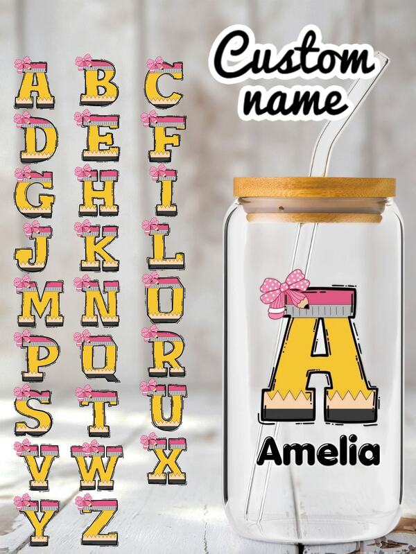 Gelas Minum dengan Sedotan dan Nama yang Dipersonalisasi, Gelas dengan Desain Pita Pensil Huruf Awal Kustom dan Tutup Bambu, Botol Minum Kawaii Lucu untuk Anak Perempuan, Perlengkapan Sekolah, Perlengkapan Siswa, Hadiah Apresiasi Guru, Peralatan Minum yang Dipersonalisasi