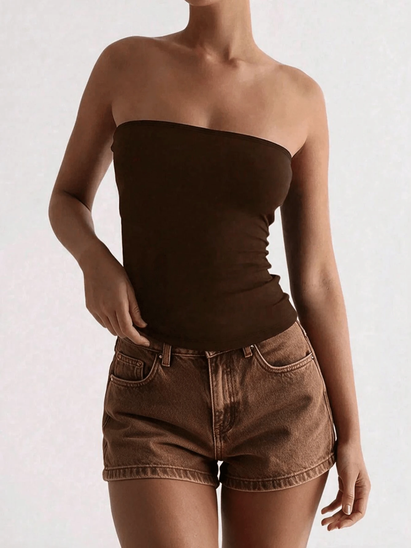 Camiseta básica sin tirantes sexy, top tubo elástico ajustado de unicolor a la moda, adecuado para mujeres en todas las estaciones, verano, marrón - Marrón - Ver 1