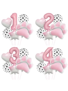 6pcs Animal Theme "Let's Pawty" Dog & Cat Paw Print Foil Balloons, 40 Inch Pink Number Birthday Party Decoration Balloons - Multicolor - View 2