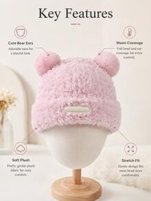 1pc Cute Bear Ear Plush Hat, Warm Ear-Protective Beanie For Women, Autumn/Winter, Face-Slimming - Multicolor - View 5