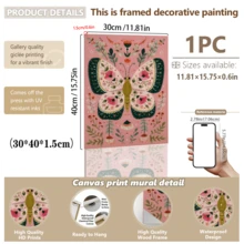 1pc Framed Canvas Wall Art, Bohemian Folk Style Butterfly Wall Decor, Vintage Floral Moth Design, Pink & Green Nordic Style Nursery Decoration, Fantasy Plant Butterfly Poster, Country Nordic Folk Art Painting, Soft Tone Floral Butterfly Wall Art, Cozy Children's Room Artwork, Country Pastoral Style Art - A - View 12