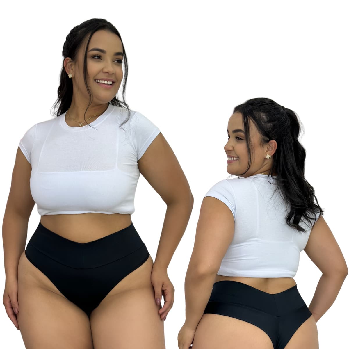 Kit 3 Calcinhas Plus Size Fio Duplo Cos Alto Empina Bumbum Conforto Lingerie Modeladora Cintura Alta - Preto - Visão 1