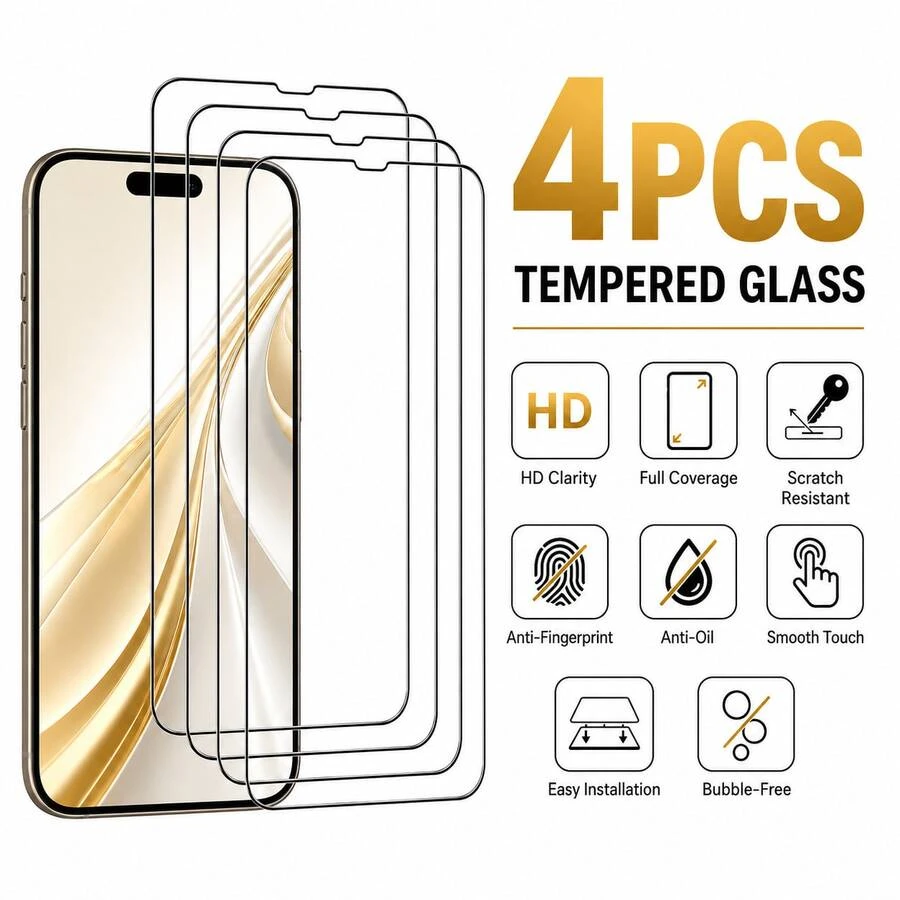 CASECOPS 4Pcs High Definition Tempered Glass Screen Protector, 9H Hardness, 1:1 High Definition Display, Scratch-Resistant, Anti-Fingerprint, Shatter-Proof, Durable, Compatible With IPhone 18 Pro/18 Pro Max/17/17 Air/17 Pro/17 Pro Max/17e/16/16 Pro/16 Pro Max/16 Plus/15/15 Pro/15 Pro Max/15 Plus/14/13/12/11/X/Xr Models, Suitable For Phone Cases And Accessories, The Top Choice For Gifts - 4Pcs - View 1