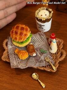 迷你娃娃屋快餐模型套組，1:12 比例漢堡、炸雞、咖啡、甜點與醬料瓶模型，附托盤與餐具模型，迷你餐廳場景裝飾與攝影道具 - 均碼 - 查看 7