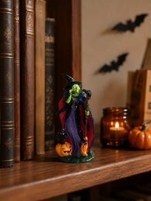 Estátua de Bruxa Assustadora Segurando Vassoura Decoração de Mesa Interna de Halloween Ornamento de Bruxa com Rosto Verde com Abóbora Gato Preto Decoração de Cena de Festa de Feriado Gótico para Casa Outono Lareira Estante de Livros Bandeja de Jantar - Chamada de bruxa - Visão 9